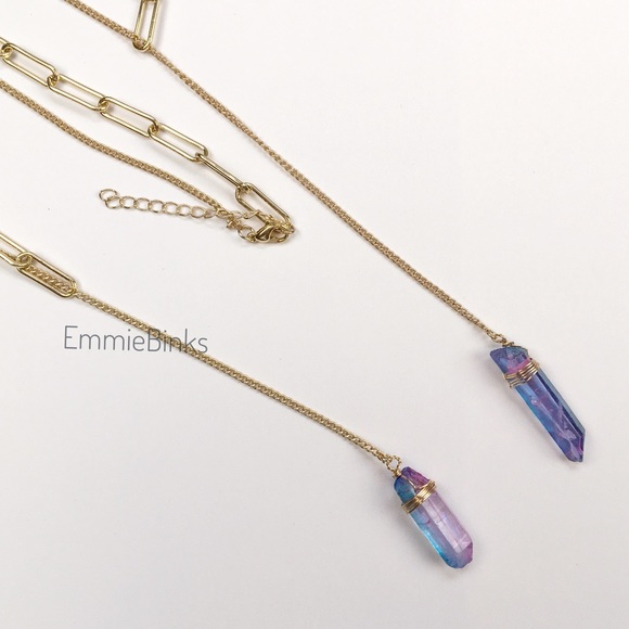 New Rainbow Aura Crystal Quartz Lariat Dual Copper Chain Necklace | Y Shape - Picture 11 of 15
